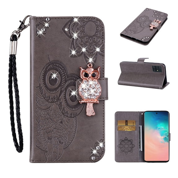 Feishell Samsung A51 Case 5G Owl Pattern Glitter Sparkly Gems Shockproof PU Leather Wallet Cover Flip Stand Card Slots Magnetic Diamond Bling Folio Case for Samsung Galaxy A51 5G, Gray