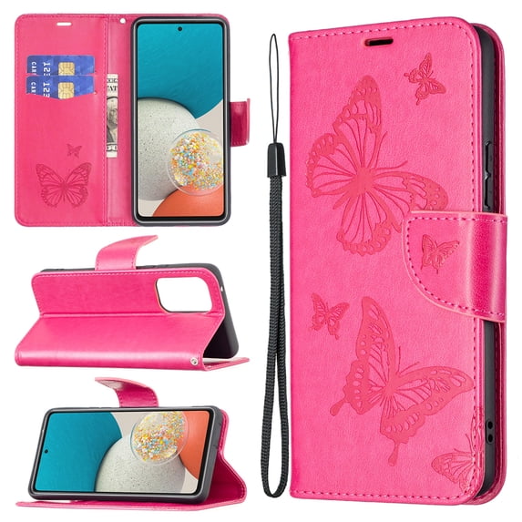 Feishell Samsung A53 Case 5G Butterfly Embossed Pattern Premium Leather Wallet Cover Flip Stand Card Slots Holder Magnetic with Wrist Strap Case for Samsung Galaxy A53 5G, Pink