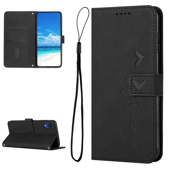 Feishell for Samsung Galaxy A03 Core (6.5 inch) Wallet Case,for Women Men,Love Heart Pattern Embossed Plain PU Leather Magnetic Clasp Credit Card Slots Folio Flip Kickstand Phone Cover,Black
