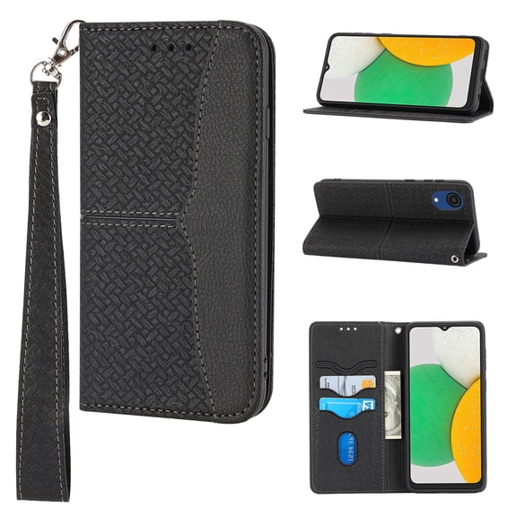 Feishell for Samsung Galaxy A03 Core Phone Case with Wrist Strap,for Women Men,Shockproof Protective Premium PU Leather Magnetic Closure Flip Kickstand Credit Card Slots Wallet Phone Case,Black