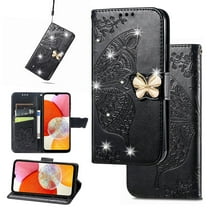 Feishell for Samsung Galaxy A03s Wallet Case for Women Girls,Bling Diamond Butterfly Embossed PU Leather Magnetic Clasp Flip Kickstand ID Credit Card Slots Phone Case with Wrist Strap,Black