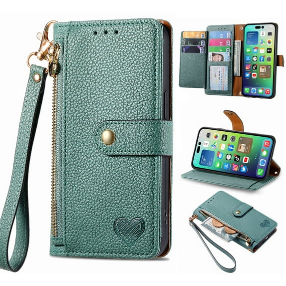 Feishell for Samsung Galaxy A05 Case,RFID Blocking Wallet Case for Women Men,Premium PU Leather Credit Card Holder Zipper Pocket Magnetic Buckle Flip Kickstand Phone Case with Wrist Strap,Green