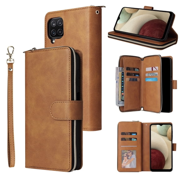 Feishell for Samsung Galaxy A12 (6.5 inch) Wallet Case for Women Men,Premium PU Leather Magnetic Clasp Zipper 9 Card Slots Folio Flip Holder Shockproof Purse Phone Case with Wrist Strap,Brown