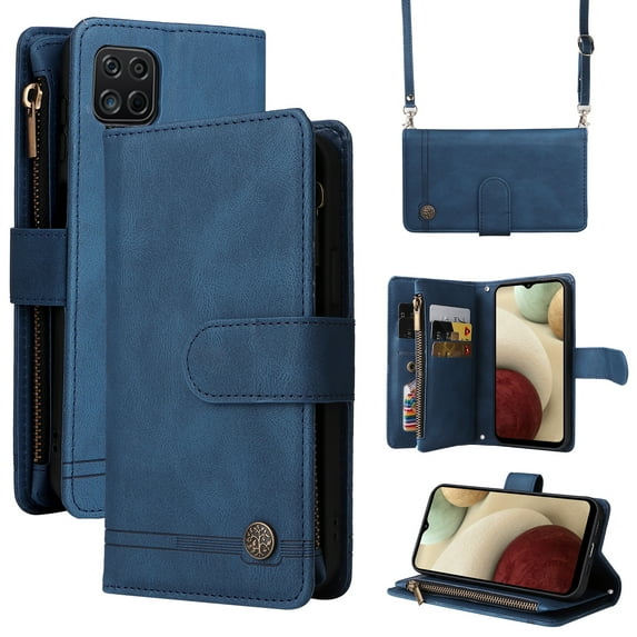 Feishell for Samsung Galaxy A12 6.5 inch Zipper Wallet Case with Wrist Strap & Shoulder Strap,Premium PU Leather Magnetic Clasp Flip Holder Card Slots Crossbody Phone Case for Women Men,Blue