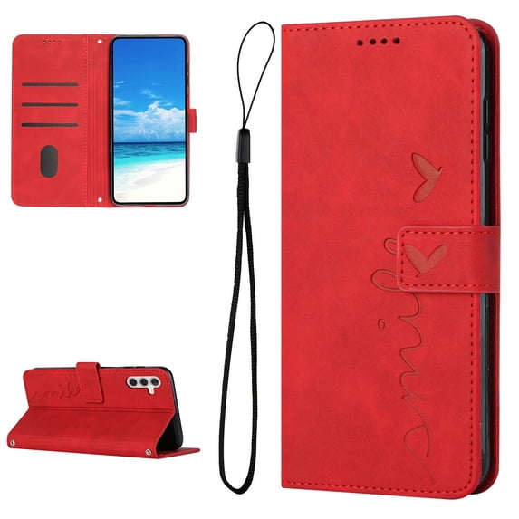 Feishell for Samsung Galaxy A14 5G 6.6 inch Wallet Case,for Women Men,Love Heart Pattern Embossed Plain PU Leather Magnetic Clasp Credit Card Slots Folio Flip Kickstand Phone Cover,Red