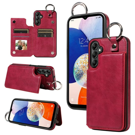 Feishell for Samsung Galaxy A14 5G Back Flip Wallet Case with ID Credit Card Slots & Metal Ring, Premium PU Leather Shockproof Magnetic Buckle Flip Kickstand Phone Case for Women Men,Red