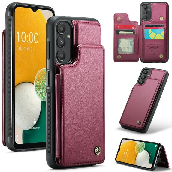 Feishell for Samsung Galaxy A14 5G Case with Card Holder, Wallet Case for Women Men with RFID Blocking, Durable PU Leather Kickstand Magnetic Clasp Shockproof Phone Case,Winered