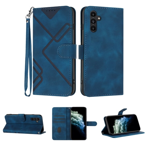 Feishell for Samsung Galaxy A14 5G Phone Case with Wrist Strap,Premium PU Leather Magnetic Clasp Flip Kickstand Credit Card Slots Holder Wallet Shockproof Protection Slim Phone Case,Darkblue