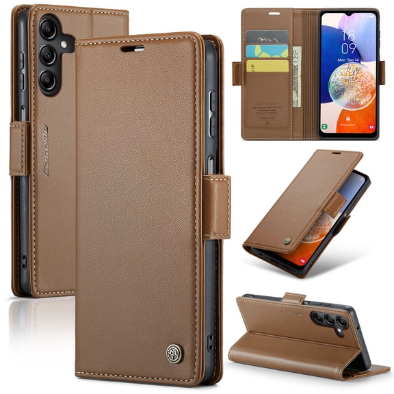 Feishell for Samsung Galaxy A14 5G Wallet Case, RFID Blocking Magnetic Clasp Shockproof Cover, Premium PU Leather Flip Folio Case with Credit Card Slots Holder Convenient Kickstand, Brown