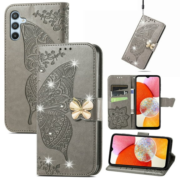 Feishell for Samsung Galaxy A14 5G Wallet Case for Women Girls,Bling Diamond Butterfly Embossed PU Leather Magnetic Clasp Flip Kickstand ID Credit Card Slots Phone Case with Wrist Strap,Gray