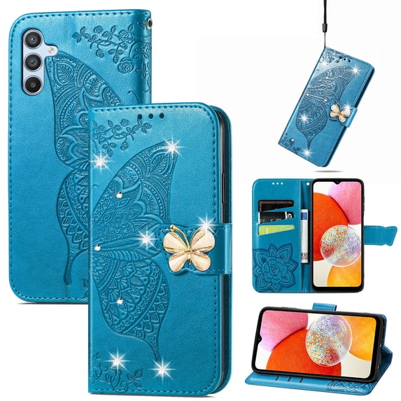 Feishell for Samsung Galaxy A14 5G Wallet Case for Women Girls,Bling Diamond Butterfly Embossed PU Leather Magnetic Clasp Flip Kickstand ID Credit Card Slots Phone Case with Wrist Strap,Blue