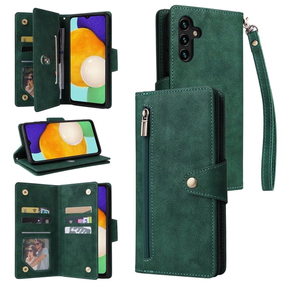 Feishell for Samsung Galaxy A14 5G Wallet Case with Wrist Strap,Premium PU Leather Zipper Pocket Magnetic Buckle Folio Flip ID Credit Card Slots Shockproof Kickstand Phone Case for Women Men,Green
