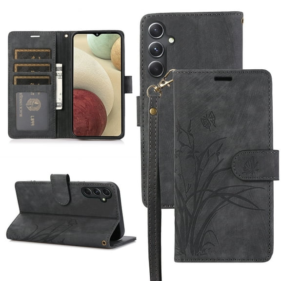 Feishell for Samsung Galaxy A15 4G Wallet Case with Wrist Strap, [Butterflies & Orchid Embossed] Premium PU Leather Magnetic Clasp Cover with Card Slots Kickstand Flip Phone Case for Women Men,Black