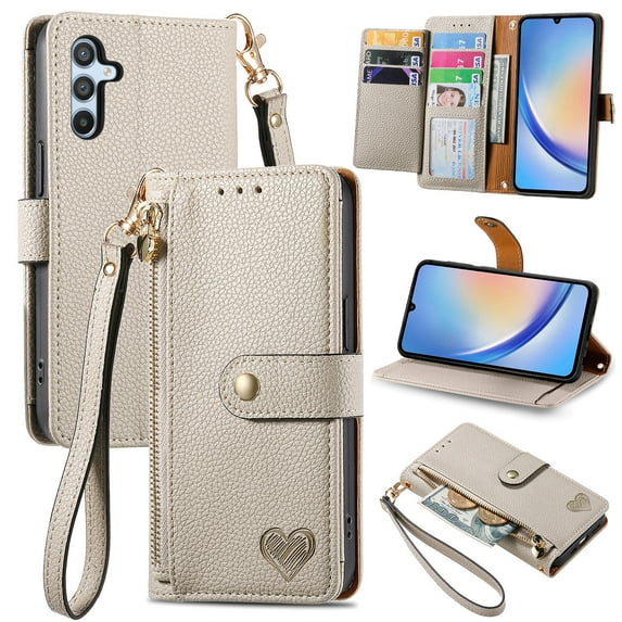 Feishell for Samsung Galaxy A15 Case,RFID Blocking Wallet Case for Women Men,Premium PU Leather Credit Card Holder Zipper Pocket Magnetic Buckle Flip Kickstand Phone Case with Wrist Strap,Gray