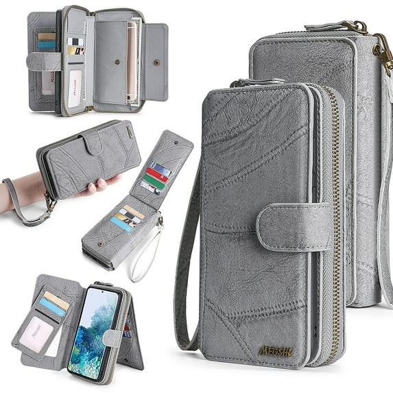 Feishell for Samsung Galaxy A15 Multi-Function Wallet Case, with Wrist Strap, Premium PU Leather 2 in 1 Magnetic Detachable Purse 14 Card Holder Slots Zipper Pocket Phone Case for Women Men,Gray