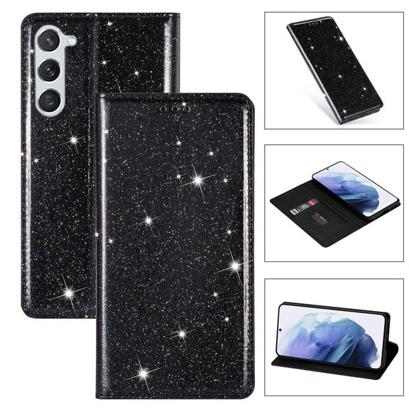 Feishell for Samsung Galaxy A15 Wallet Case,Fashion Bling Glitter PU Leather Magnetic Closure Folio Card Slot Flip Kickstand Slim Phone Case for Women Girls,Black