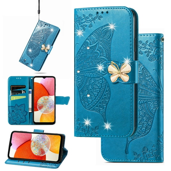 Feishell for Samsung Galaxy A15 Wallet Case for Women Girls,Bling Diamond Butterfly Embossed PU Leather Magnetic Clasp Flip Kickstand ID Credit Card Slots Phone Case with Wrist Strap,Blue