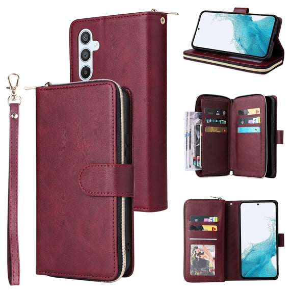 Feishell for Samsung Galaxy A15 Wallet Case for Women Men,Premium PU Leather Magnetic Clasp Zipper 9 Card Slots Folio Flip Holder Shockproof Purse Phone Case with Wrist Strap,Winered
