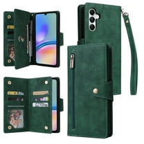 Feishell for Samsung Galaxy A15 Wallet Case with Wrist Strap,Premium PU Leather Zipper Pocket Magnetic Buckle Folio Flip ID Credit Card Slots Shockproof Kickstand Phone Case for Women Men,Green