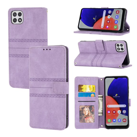 Feishell for Samsung Galaxy A22 5G Case with Detachable Wrist Strap,Premium PU Leather Drop Protection Magnetic Clasp Flip Kickstand RFID Blocking Credit Card Slots Wallet Phone Case,Lightpurple