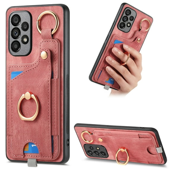 Feishell for Samsung Galaxy A23 4G Back Wallet Case with 360° Rotatable Ring Kickstand Support Car Mount,Premium PU Leather Shockproof Credit Card Holder Magnetic Button Phone Case for Women Men,Pink