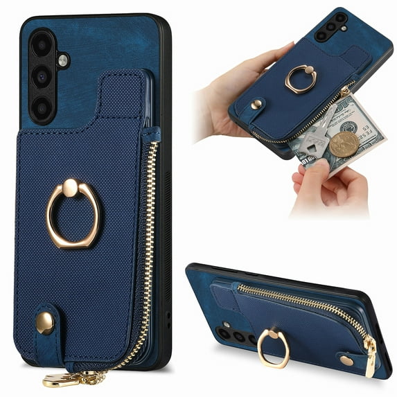 Feishell for Samsung Galaxy A25 5G Wallet Case, Zipper Purse with 360 Rotatable Ring Kickstand, Premium PU Leather Shockproof Magnetic Buckle Credit Card Slots Holder Phone Case for Women Men,Blue
