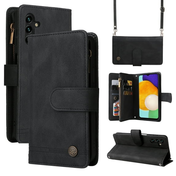 Feishell for Samsung Galaxy A25 5G Zipper Wallet Case with Wrist Strap & Shoulder Strap,Premium PU Leather Magnetic Clasp Flip Holder Card Slots Crossbody Phone Case for Women Men,Black