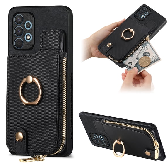 Feishell for Samsung Galaxy A32 5G Wallet Case, Zipper Purse with 360 Rotatable Ring Kickstand, Premium PU Leather Shockproof Magnetic Buckle Credit Card Slots Holder Phone Case for Women Men,Black