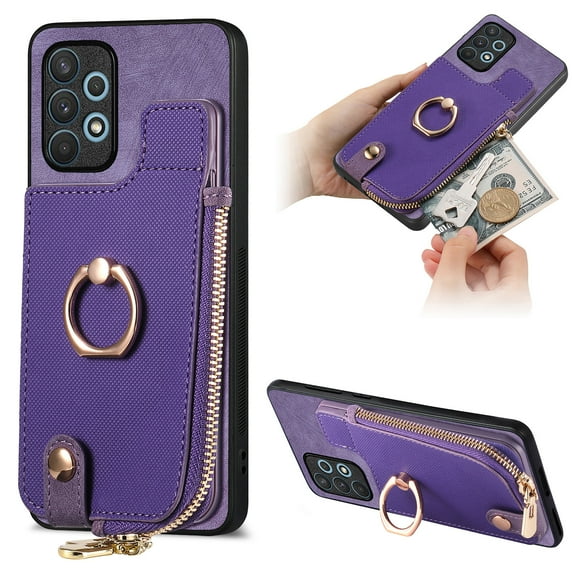 Feishell for Samsung Galaxy A32 5G Wallet Case, Zipper Purse with 360 Rotatable Ring Kickstand, Premium PU Leather Shockproof Magnetic Buckle Credit Card Slots Holder Phone Case for Women Men,Purple