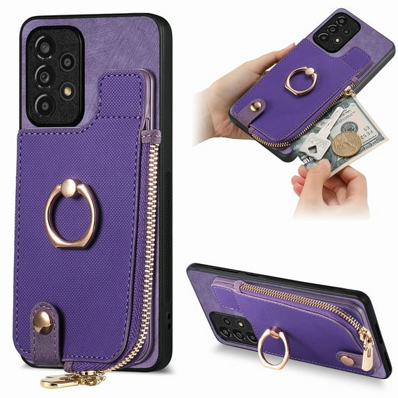 Feishell for Samsung Galaxy A52 5G Wallet Case, Zipper Purse with 360 Rotatable Ring Kickstand, Premium PU Leather Shockproof Magnetic Buckle Credit Card Slots Holder Phone Case for Women Men,Purple