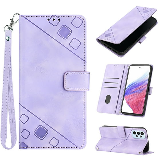 Feishell for Samsung Galaxy A53 5G 6.5 inch Wallet Case with Wrist Strap,Flip Cover with Embossed Pattern PU Leather Kickstand Credit Card Slots Magnetic Clasp Folio Purse Phone Case,Purple