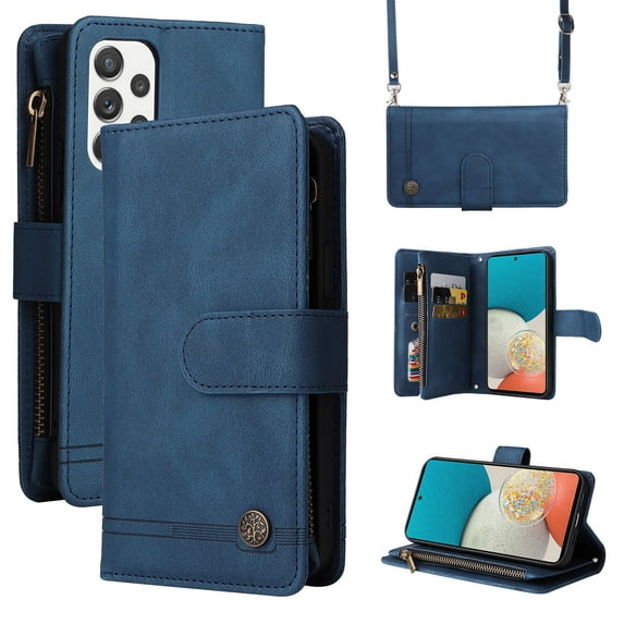 Feishell for Samsung Galaxy A53 5G 6.5 inch Zipper Wallet Case with Wrist Strap & Shoulder Strap,Premium PU Leather Magnetic Clasp Flip Holder Card Slots Crossbody Phone Case for Women Men,Blue