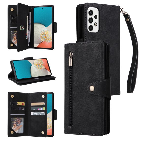 Feishell for Samsung Galaxy A53 5G Wallet Case with Wrist Strap,Premium PU Leather Zipper Pocket Magnetic Buckle Folio Flip ID Credit Card Slots Shockproof Kickstand Phone Case for Women Men,Black