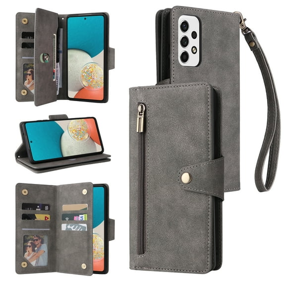 Feishell for Samsung Galaxy A53 5G Wallet Case with Wrist Strap,Premium PU Leather Zipper Pocket Magnetic Buckle Folio Flip ID Credit Card Slots Shockproof Kickstand Phone Case for Women Men,Gray