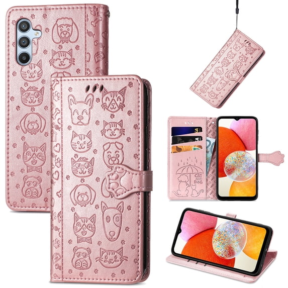Feishell for Samsung Galaxy A54 5G Cartoon Cute Wallet Case, Cat Dog Style Flip with ID Card Holder Premium PU Leather Cases with Wrist Strap, Magnetic Closure Folio Kickstand Phone Cover, Rosegold