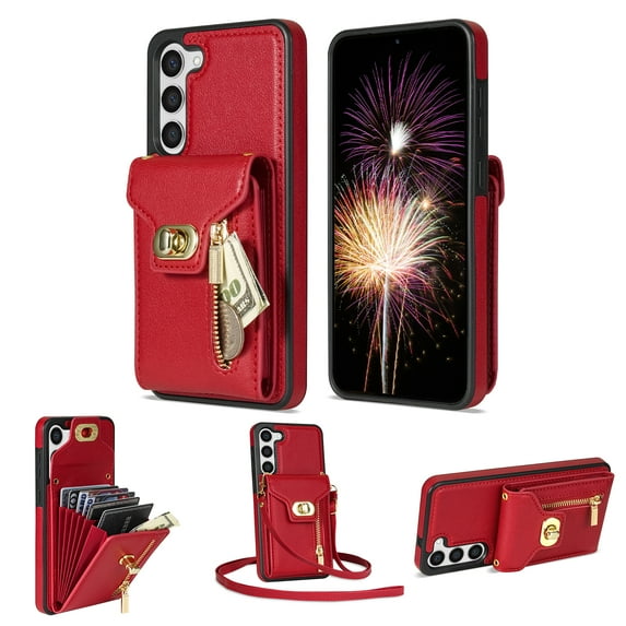 Feishell for Samsung Galaxy A54 5G Crossbody Zipper Wallet Phone Case,Premium PU Leather Kickstand Metal Buckle Credit Card Slots Shockproof Purse Phone Case with Detachable Shoulder Strap,Red