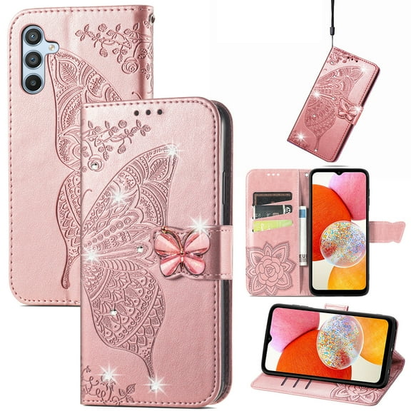Feishell for Samsung Galaxy A54 5G Wallet Case for Women Girls,Bling Diamond Butterfly Embossed PU Leather Magnetic Clasp Flip Kickstand ID Credit Card Slots Phone Case with Wrist Strap,Rosegold