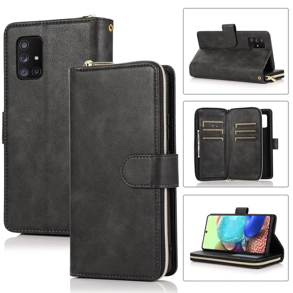 Feishell for Samsung Galaxy A71 5G (6.7 inch) Wallet Case for Women Men,Premium PU Leather Magnetic Clasp Zipper 9 Card Slots Folio Flip Holder Shockproof Purse Phone Case with Wrist Strap,Black