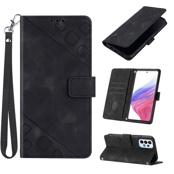 Feishell for Samsung Galaxy A73 5G 6.7 inch Wallet Case with Wrist Strap,Flip Cover with Embossed Pattern PU Leather Kickstand Credit Card Slots Magnetic Clasp Folio Purse Phone Case,Black