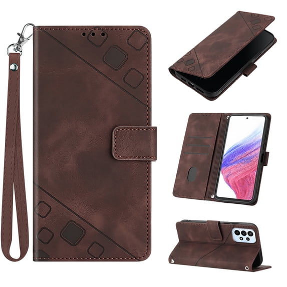 Feishell for Samsung Galaxy A73 5G 6.7 inch Wallet Case with Wrist Strap,Flip Cover with Embossed Pattern PU Leather Kickstand Credit Card Slots Magnetic Clasp Folio Purse Phone Case,Brown