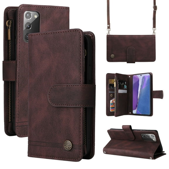 Feishell for Samsung Galaxy Note 20 6.7 inch Zipper Wallet Case with Wrist Strap & Shoulder Strap,Premium PU Leather Magnetic Clasp Flip Holder Card Slots Crossbody Phone Case for Women Men,Brown