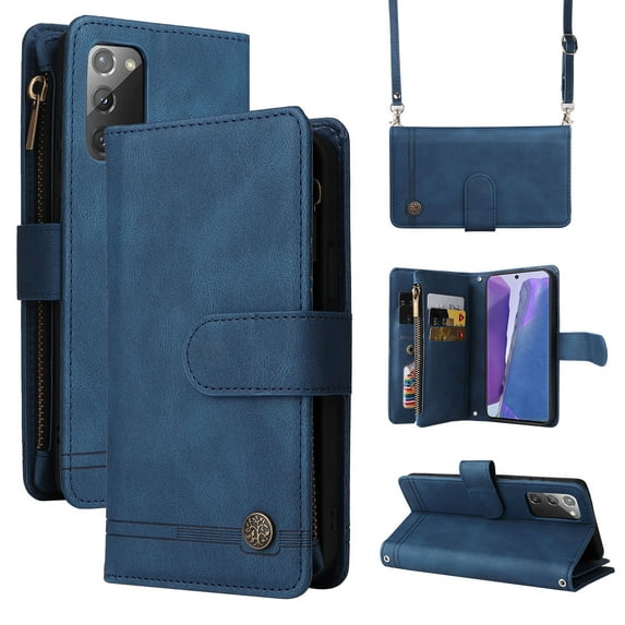 Feishell for Samsung Galaxy Note 20 6.7 inch Zipper Wallet Case with Wrist Strap & Shoulder Strap,Premium PU Leather Magnetic Clasp Flip Holder Card Slots Crossbody Phone Case for Women Men,Blue