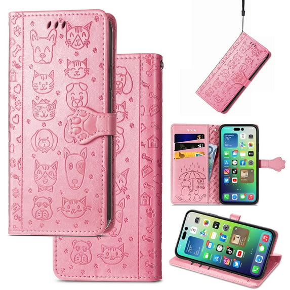 Feishell for Samsung Galaxy Note 20 Cartoon Cute Wallet Case, Cat Dog Style Flip with ID Card Holder Premium PU Leather Cases with Wrist Strap, Magnetic Closure Folio Kickstand Phone Cover, Pink