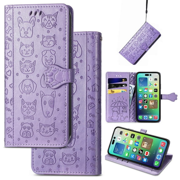 Feishell for Samsung Galaxy Note 20 Cartoon Cute Wallet Case, Cat Dog Style Flip with ID Card Holder Premium PU Leather Cases with Wrist Strap, Magnetic Closure Folio Kickstand Phone Cover, Purple