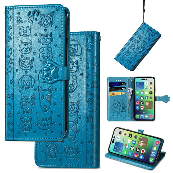 Feishell for Samsung Galaxy Note 20 Cartoon Cute Wallet Case, Cat Dog Style Flip with ID Card Holder Premium PU Leather Cases with Wrist Strap, Magnetic Closure Folio Kickstand Phone Cover, Blue