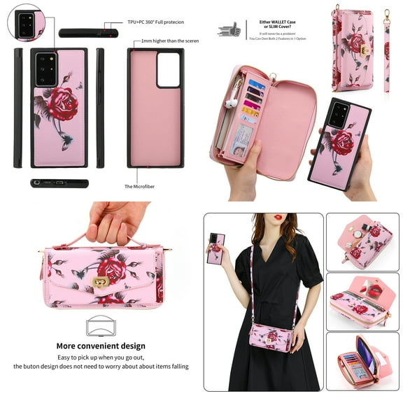 Feishell for Samsung Galaxy Note20 Ultra Crossbody Wallet Detachable Case,for Women Girls,Flower Pattern PU Leather RFID Blocking Card Slots Large Capacity Phone Case with Shoulder & Hand Strap,Pink
