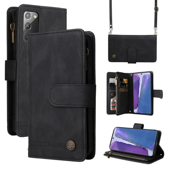Feishell for Samsung Galaxy Note20 Ultra Zipper Wallet Case with Wrist Strap & Shoulder Strap,Premium PU Leather Magnetic Clasp Flip Holder Card Slots Crossbody Phone Case for Women Men,Black