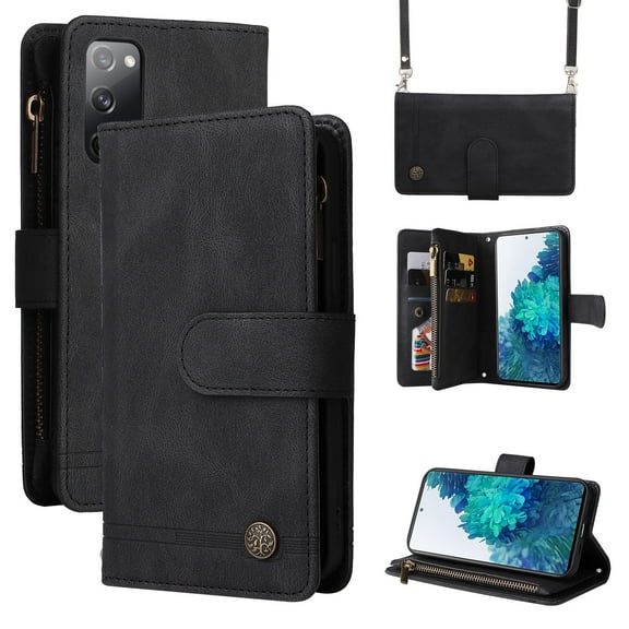 Feishell for Samsung Galaxy S20 FE 6.5 inch Zipper Wallet Case with Wrist Strap & Shoulder Strap,Premium PU Leather Magnetic Clasp Flip Holder Card Slots Crossbody Phone Case for Women Men,Black