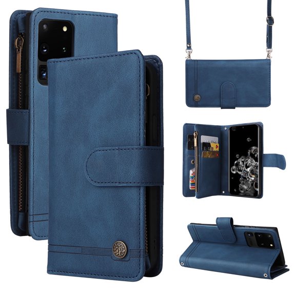 Feishell for Samsung Galaxy S20 Ultra 6.9 inch Zipper Wallet Case with Wrist Strap & Shoulder Strap,Premium PU Leather Magnetic Clasp Flip Holder Card Slots Crossbody Phone Case for Women Men,Blue