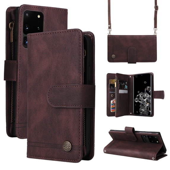 Feishell for Samsung Galaxy S20 Ultra 6.9 inch Zipper Wallet Case with Wrist Strap & Shoulder Strap,Premium PU Leather Magnetic Clasp Flip Holder Card Slots Crossbody Phone Case for Women Men,Brown